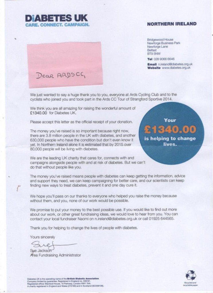 Diabetes UK letter of thanks 8-10-14