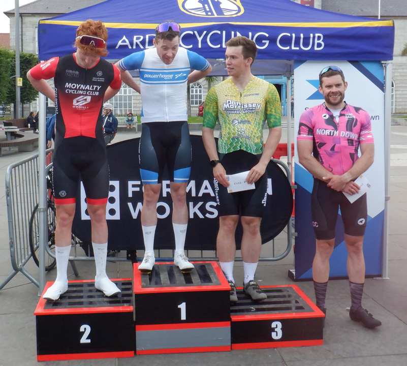 The men' podium, together with first unplaced C2 Keith Hooks (North Down CC)